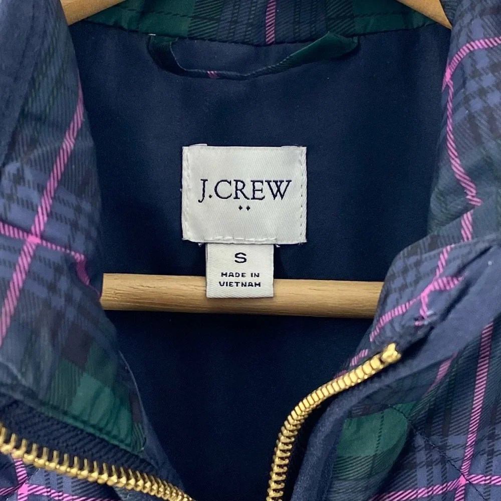 J. Crew Tartan Plaid Quilted Insulated Puffer Vest Jacket Navy Blue Green Pink S